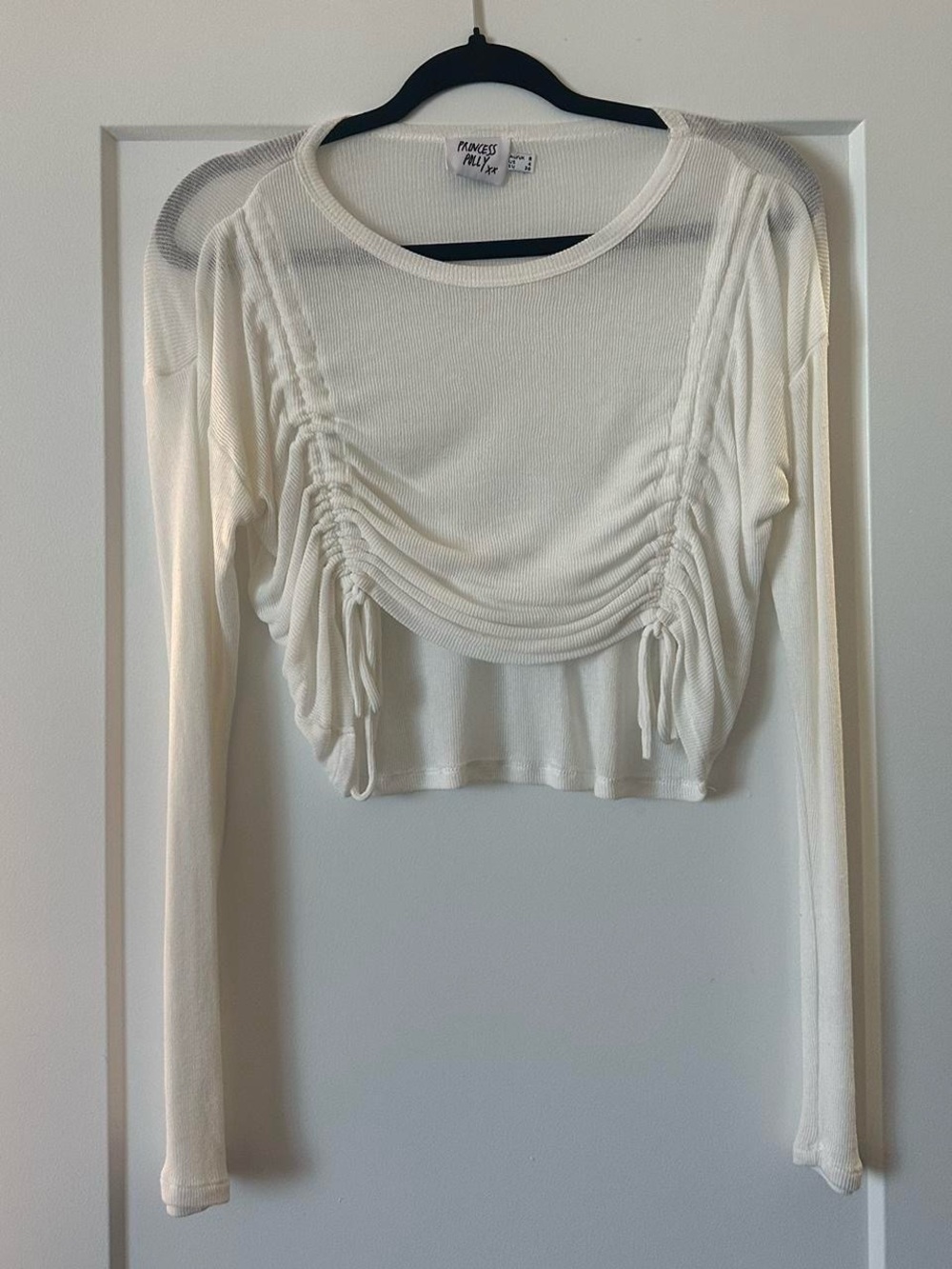Princess Polly Cream Ruched Drawstring Long-Sleeve Crop Top
